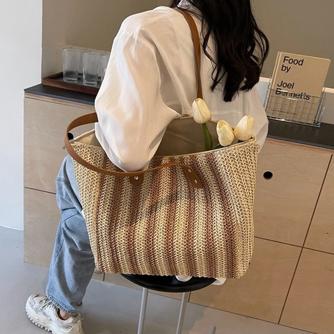 Mode Gestreept Stro Weven Tote Tas Voor Vrouwen Grote Capaciteit Casual Schoudertas Met PU Leren Handvat Vakantie Handtas