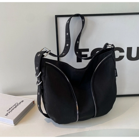 Fashion Nylon Shoulder Bag For Women Hobo Crossbody Bag Large Capacity Solid Color Casual Adjustable Strap Zipper Satchel