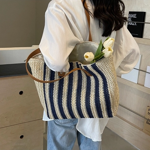 Mode Gestreept Stro Weven Tote Tas Voor Vrouwen Grote Capaciteit Casual Schoudertas Met PU Leren Handvat Vakantie Handtas