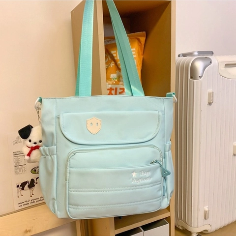 Women Fashion Nylon Shoulder Bag Large Capacity Multi-Pocket Tote Bag With Cute Puppy Pendant Casual Crossbody Messenger Bag