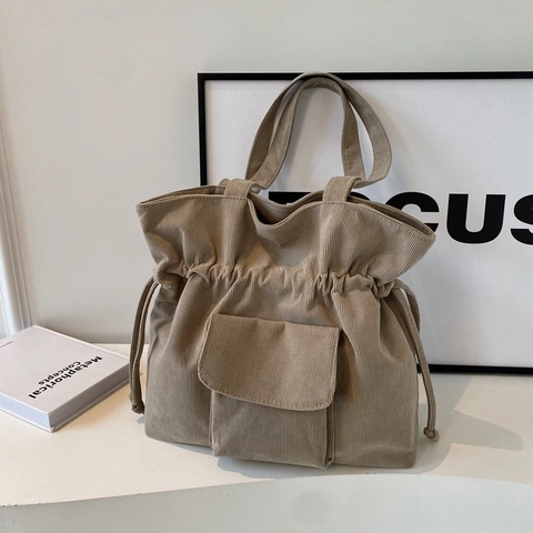 Borsa Tote in Velluto a Coste da Donna Con Tasca Frontale con Patta Borsa a Spalla con Coulisse Minimalista Urbana
