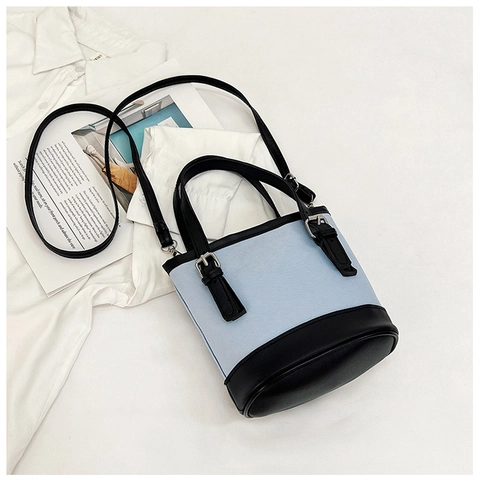 Fashion PU Leather Contrast Color Bucket Bag For Women Splicing Design Crossbody Shoulder Bag Handheld Daily Commute Purse