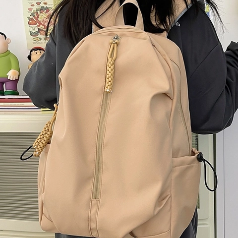 Women Large Capacity Nylon Backpack Minimalist Solid Color Student School Bag Casual Travel Shoulder Bag With Woven Pull