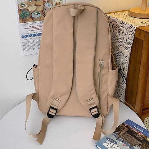Women Large Capacity Nylon Backpack Minimalist Solid Color Student School Bag Casual Travel Shoulder Bag With Woven Pull