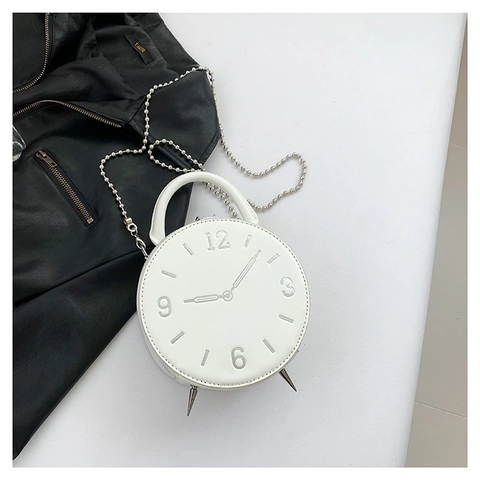 Novelty Women Clock Shaped Round Shoulder Bag PU Leather Handbag With Silver Chain Strap Retro Design Fashion Crossbody Bag