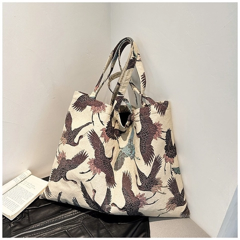 2024 Nuova Borsa Tote in Tela Vintage di Grande Capacità Con Stampa Gru Borsa a Tracolla da Donna Urban Casual Shopper