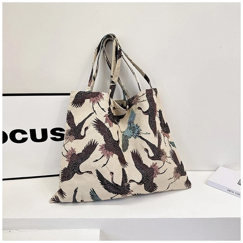 2024 Nuova Borsa Tote in Tela Vintage di Grande Capacità Con Stampa Gru Borsa a Tracolla da Donna Urban Casual Shopper