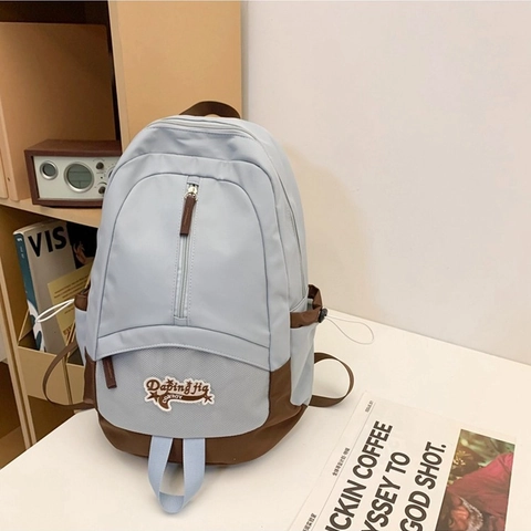 Minimalistische Nylon Kleurblok Rugzak Voor Dames Stedelijk Casual Grote Capaciteit Gestikte Schooltas Reisschoudertas