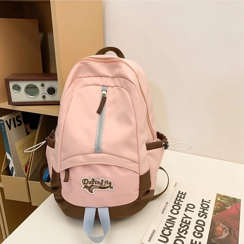Minimalistische Nylon Kleurblok Rugzak Voor Dames Stedelijk Casual Grote Capaciteit Gestikte Schooltas Reisschoudertas
