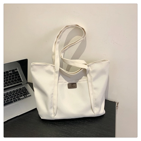 Women Stylish Canvas Tote Bag Large Capacity Minimalist Shoulder Handbag With Leather Patch For Commute Daily Use Fashion Lady Purses