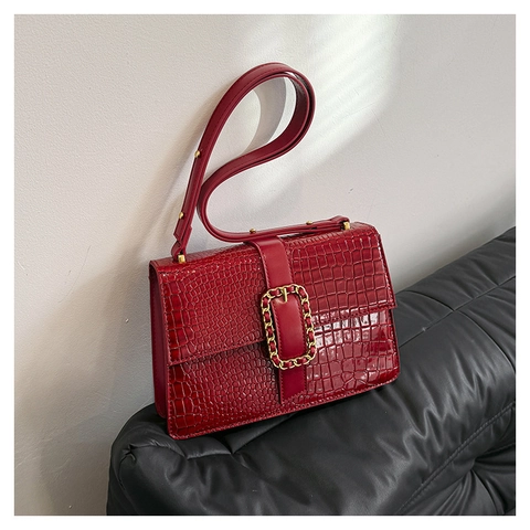 Petit Sac à Main Femme en Cuir PU Motif Crocodile Vintage Boucle Chaîne Dorée Sac Bandoulière Élégant Commuter