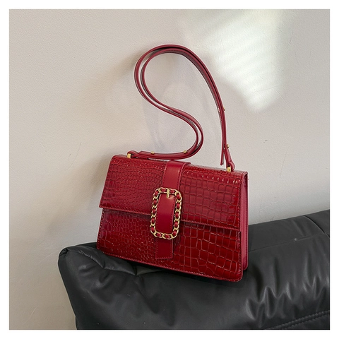 Petit Sac à Main Femme en Cuir PU Motif Crocodile Vintage Boucle Chaîne Dorée Sac Bandoulière Élégant Commuter