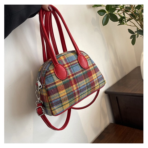 Vintage Karierte Stoff Umhängetasche Für Damen Rot Kunstleder Patchwork Crossbody Handtasche Mit Reißverschluss Urban Tasche