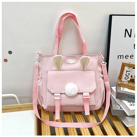 Mode Damen Nylon Umhängetasche Süße Hasenohren Plüschball Große Kapazität Tote Crossbody Bag Lässige Handtasche Für Den Alltag