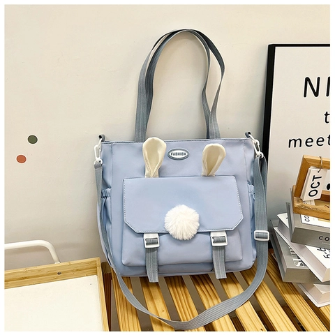 Mode Damen Nylon Umhängetasche Süße Hasenohren Plüschball Große Kapazität Tote Crossbody Bag Lässige Handtasche Für Den Alltag