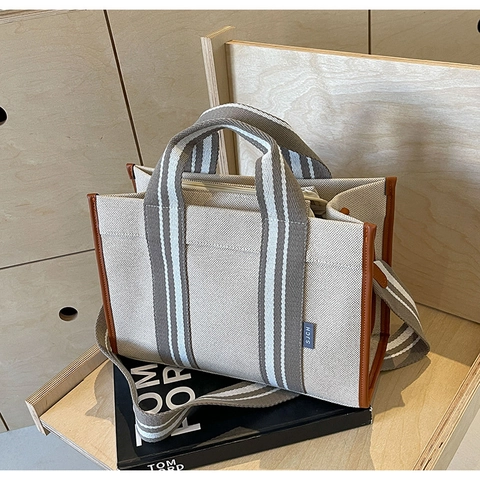 Women Canvas Tote Bag Striped Strap Large Capacity Shoulder Bag Minimalist Design Synthetic Leather Trim Casual Handbag