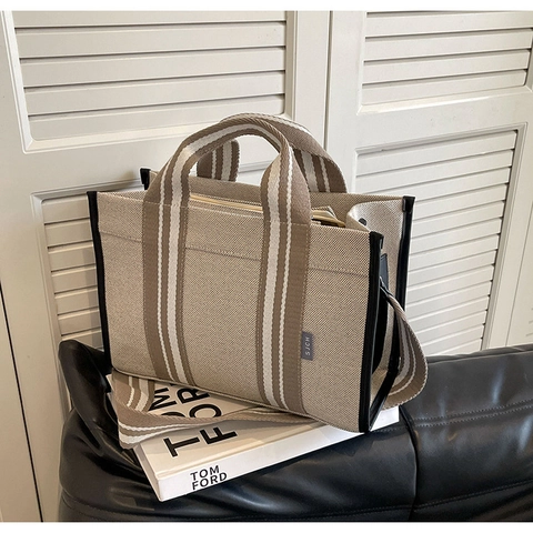 Women Canvas Tote Bag Striped Strap Large Capacity Shoulder Bag Minimalist Design Synthetic Leather Trim Casual Handbag