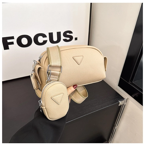 Sac Bandoulière Femme en Cuir PU Texture Litchi Avec Pochette Ronde Large Bandoulière Sac Porté Épaule Minimaliste Urbain