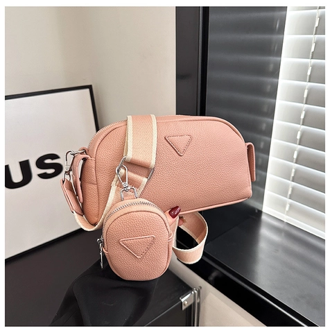 Sac Bandoulière Femme en Cuir PU Texture Litchi Avec Pochette Ronde Large Bandoulière Sac Porté Épaule Minimaliste Urbain