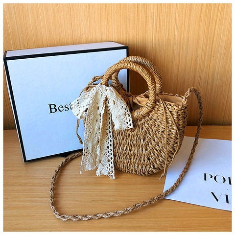 Damen Sommer Stroh Geflochtene Umhängetasche Handgefertigte Halbkreis Handtasche Mit Spitzenschleife Urlaub Strand Crossbody Bag