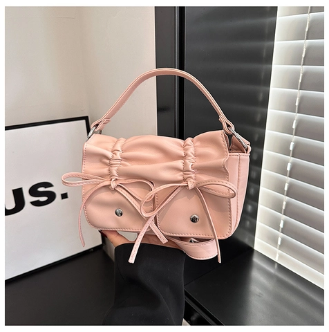Women Fashion Ruched PU Leather Handbag With Bow Knot Decoration Solid Color Shoulder Crossbody Bag For Daily Use 2024