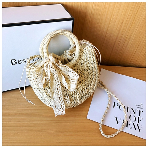 Damen Sommer Stroh Geflochtene Umhängetasche Handgefertigte Halbkreis Handtasche Mit Spitzenschleife Urlaub Strand Crossbody Bag