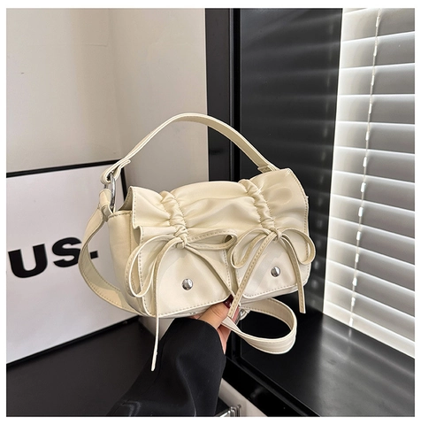 Women Fashion Ruched PU Leather Handbag With Bow Knot Decoration Solid Color Shoulder Crossbody Bag For Daily Use 2024