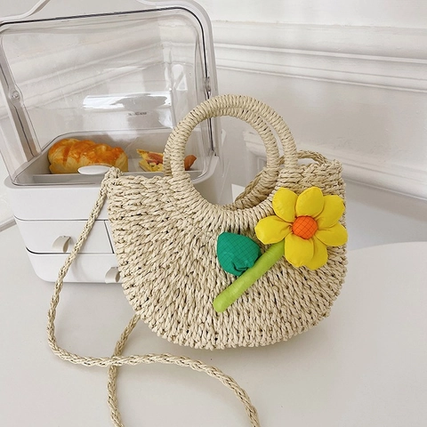 Borsa a Mano in Paglia Intrecciata da Donna Design Minimalista Borsa a Tracolla Con Girasole Decorazione Vacanza Estiva