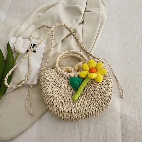 Borsa a Mano in Paglia Intrecciata da Donna Design Minimalista Borsa a Tracolla Con Girasole Decorazione Vacanza Estiva