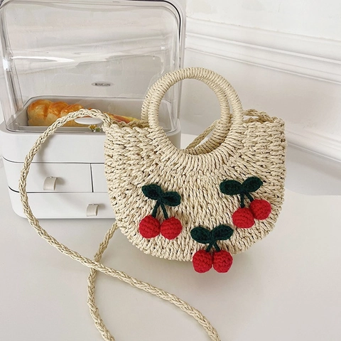 Borsa a Tracolla in Paglia Intrecciata a Mano Donna Con Decorazioni Ciliegia All'uncinetto Borsa da Spiaggia a Mezzaluna