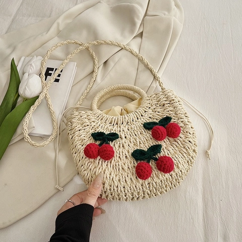 Borsa a Tracolla in Paglia Intrecciata a Mano Donna Con Decorazioni Ciliegia All'uncinetto Borsa da Spiaggia a Mezzaluna