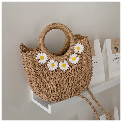 Borsa a Mano in Paglia Intrecciata da Donna Borsa a Tracolla Fresca Applicazione Margherita Manico Rotondo Borsa a Spalla per Vacanza Estiva in Spiaggia