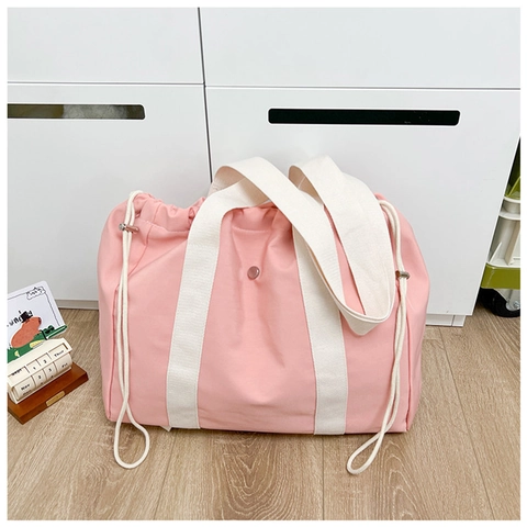 Spring 2024 Fashion Large Capacity Composite Fabric Tote Bag Simple Design Drawstring Shoulder Backpack Casual Women Handbag