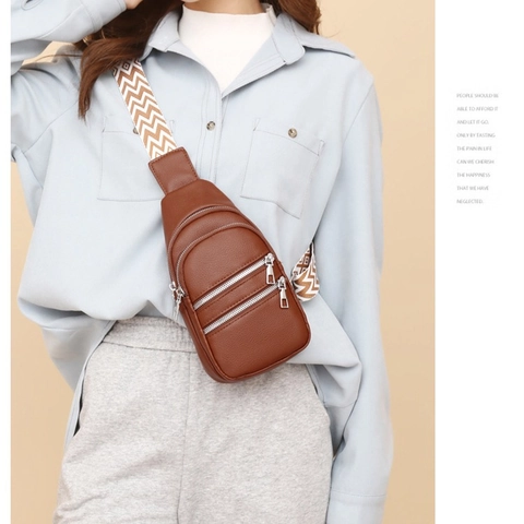 Sac de Poitrine pour Femmes en Cuir PU Avec Bandoulière Large Géométrique Multi Fermeture Éclair Sac Bandoulière Décontracté Quotidien