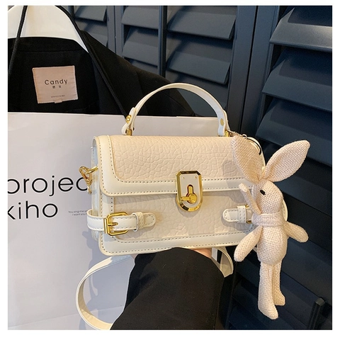 Women's PU Leather Shoulder Bag Minimalist Small Square Crossbody Bag With Rabbit Pendant Textured Daily Purse For Women