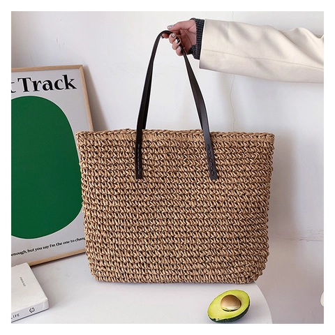 Große Kapazität Gewebte Stroh Tragetasche Mit Kunstlederriemen Minimalistische Sommerurlaub Strand Schulterhandtasche Für Damen