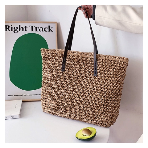 Große Kapazität Gewebte Stroh Tragetasche Mit Kunstlederriemen Minimalistische Sommerurlaub Strand Schulterhandtasche Für Damen
