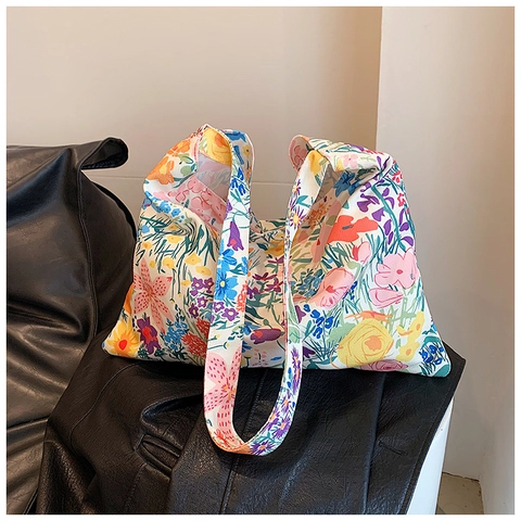 Sac à Bandoulière en Toile à Imprimé Floral pour Femmes Sac Fourre-tout Hobo Minimaliste Grande Capacité pour Shopping Quotidien Décontracté Mode Printemps