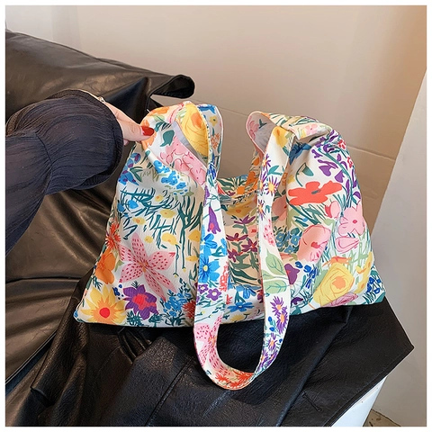 Sac à Bandoulière en Toile à Imprimé Floral pour Femmes Sac Fourre-tout Hobo Minimaliste Grande Capacité pour Shopping Quotidien Décontracté Mode Printemps