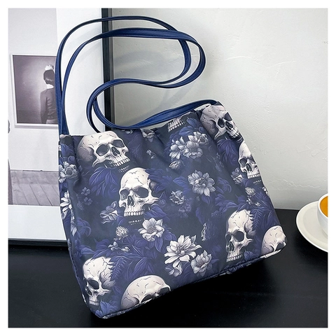 Borsa Tote da Donna in Tessuto Oxford con Stampa Teschio e Fiori Gotica Grande Capacità Borsa a Tracolla Moda Tendenza Design Semplice