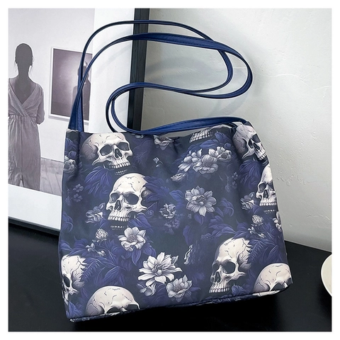 Borsa Tote da Donna in Tessuto Oxford con Stampa Teschio e Fiori Gotica Grande Capacità Borsa a Tracolla Moda Tendenza Design Semplice