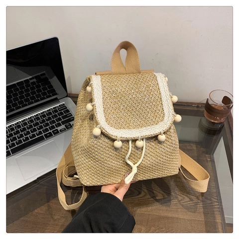 Boho Gewebter Stroh Rucksack Für Damen Mit Holzperlen Dekoration Kordelzug Strandurlaub Umhängetasche Beige Khaki