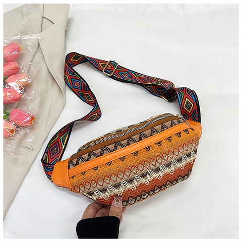 Bohemian Ethno Gewebte Gürteltasche Damen Geometrisches Muster Brusttasche Breiter Gurt Kunstleder Mode Reisetasche