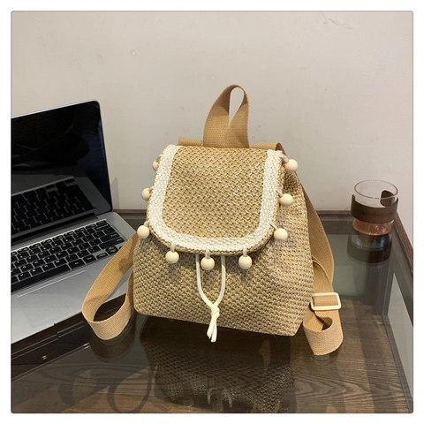 Boho Gewebter Stroh Rucksack Für Damen Mit Holzperlen Dekoration Kordelzug Strandurlaub Umhängetasche Beige Khaki