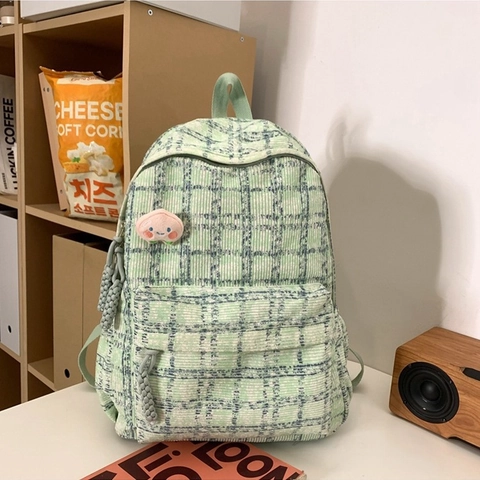 Koreaanse Stijl Corduroy Geruite Rugzak Voor Dames Grote Capaciteit Schooltas Met Pluche Hanger Zoete Studenten Dagelijkse Rugzak