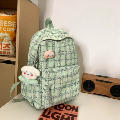 Koreaanse Stijl Corduroy Geruite Rugzak Voor Dames Grote Capaciteit Schooltas Met Pluche Hanger Zoete Studenten Dagelijkse Rugzak