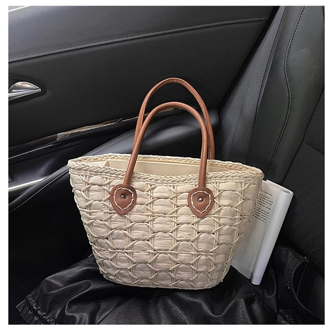 Sac Fourre-Tout En Corde De Papier Tissé À La Main Pour Femmes Été Plage Vacances Sac À Bandoulière Décontracté Avec Anse En Cuir PU Grande Capacité