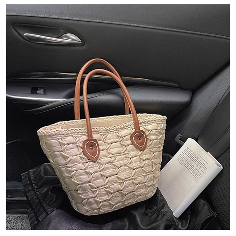 Sac Fourre-Tout En Corde De Papier Tissé À La Main Pour Femmes Été Plage Vacances Sac À Bandoulière Décontracté Avec Anse En Cuir PU Grande Capacité