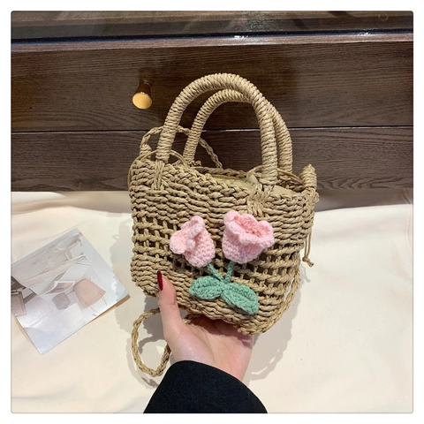 Damen Strohgewebte Schultertasche Beuteltasche Mit Handgefertigtem Häkel Tulpen Dekor Sommer Strand Urlaub Umhängetasche Für Damen