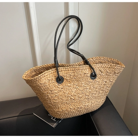 Sac Fourre-tout Tissé à la Mode Grande Capacité Sac à Épaule Kaki pour Femmes Minimaliste Urbain Décontracté Vacances Sac à Main